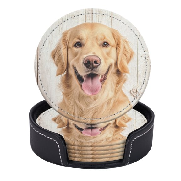 PU Leather Coasters for Drinks Bar Beer,Set of 6 with Holder,Round Housewarming Gift,Golden Retriever Dog'S Face With Happy Expression