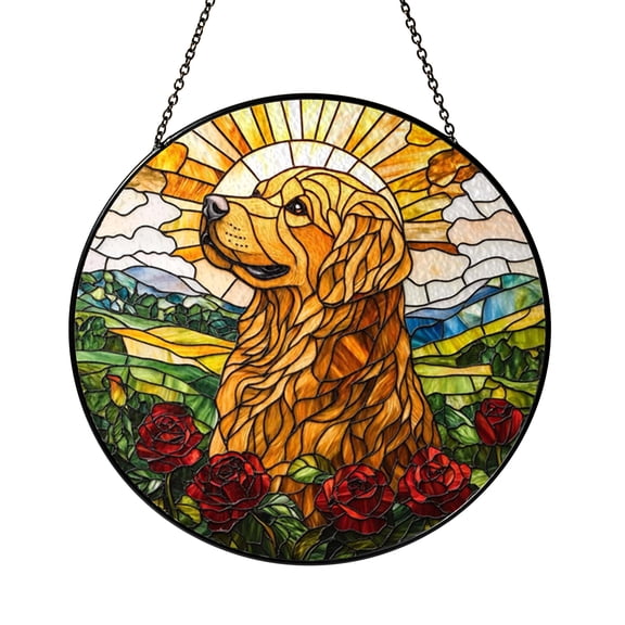 Golden Retriever Dog Stained Glass Suncatcher Window Hanging, Friendly Canine Portrait With Warm Expression, Charming Animal Art Decor For Home