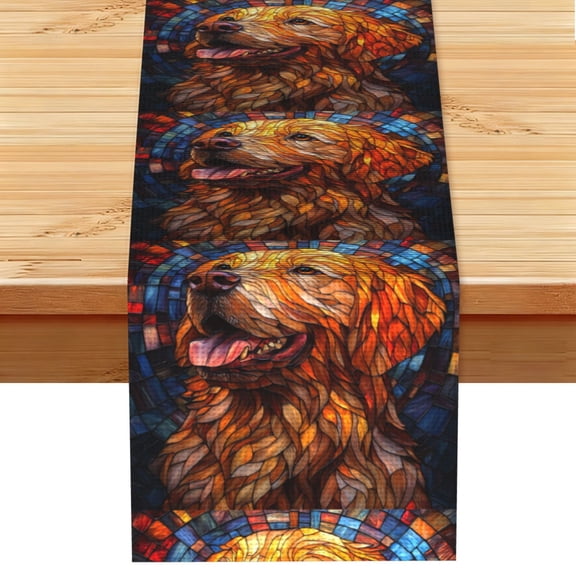 Golden Retriever Dog Stained Glass Table Runner 13x72 Inch for Dining Table Kitchen Wedding Party Decor Fireplace Mantle