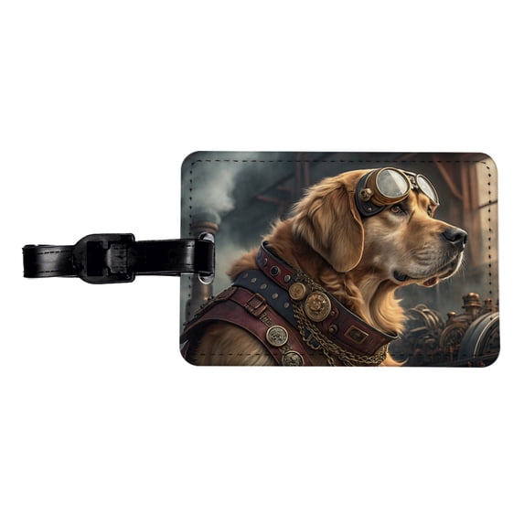 Golden Retriever Dog Steampunk Faux Leather Travel Luggage Tag