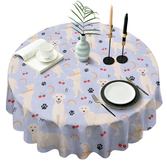 Golden Retriever Dog with Cherry and Rainbow Round Tablecloth 60"x60",Wrinkle Wipeable Table Cloth for Kitchen Dining Room Picnic Patio Party