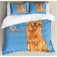thumbnail image 1 of Golden Retriever Duvet Cover Set Queen Size, Smiling Cute Dog Cartoon Style I Heart My Pet Theme for Animal Lovers, Decorative 3 Piece Bedding Set with 2 Pillow Shams, Blue Orange, by Ambesonne, 1 of 3