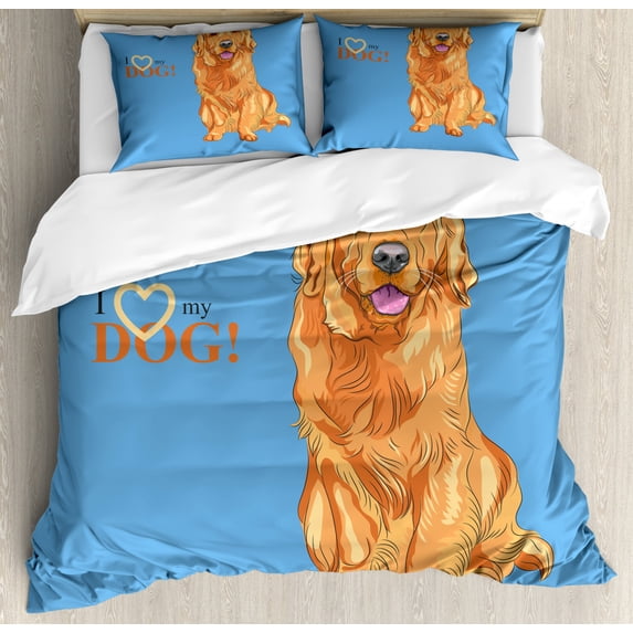Golden Retriever Duvet Cover Set Queen Size, Smiling Cute Dog Cartoon Style I Heart My Pet Theme for Animal Lovers, Decorative 3 Piece Bedding Set with 2 Pillow Shams, Blue Orange, by Ambesonne