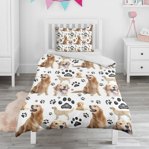 Golden Retriever Duvet Cover and Pillowcase Set for Single Bedding, Bedroom Accessories for Kids Teens