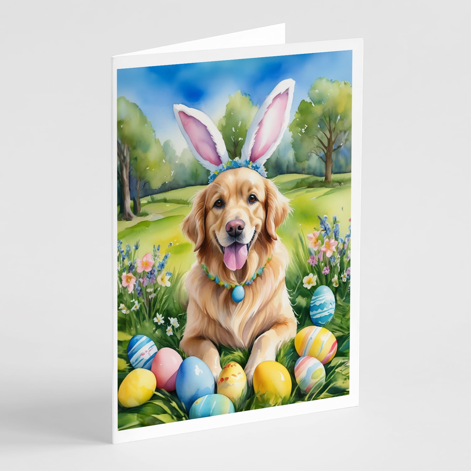 Golden Retriever Easter Egg Hunt Greeting Cards Pack of 8 7 in x 5 in