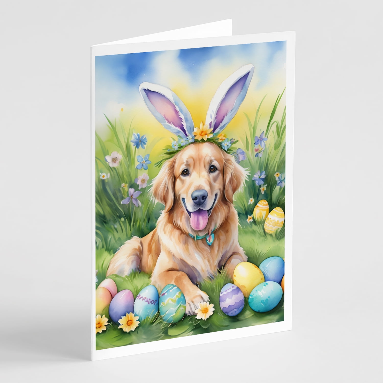 Golden Retriever Easter Egg Hunt Greeting Cards Pack of 8 7 in x 5 in