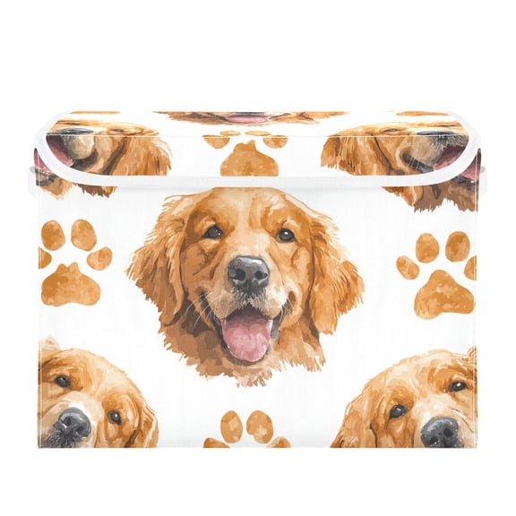 Golden Retriever Faces Paw Prints Foldable Storage Bins with Lids Handles Collapsible Storage Containers Tote Boxes 16.5 x 12.6 x 11.8 inches