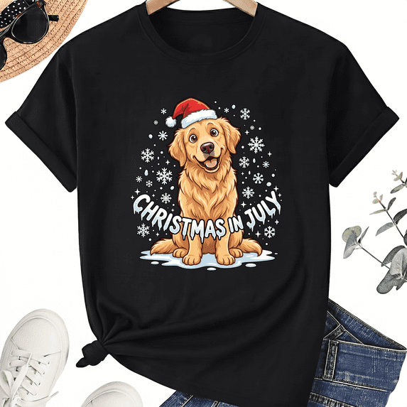 Golden Retriever Fans Christmas In July Graphic T-Shirt, Golden Retriever With Santa Hat