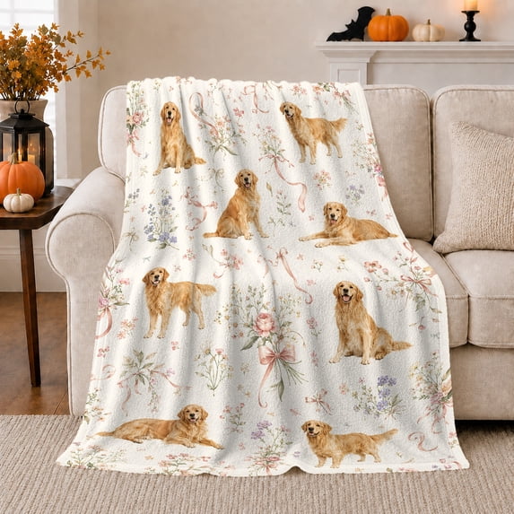 Golden Retriever Floral Garden Loyal Companion, Playful Pet Portrait Pattern, Warm Flannel Blanket for Living Room and Reading Nook, Dog Lovers Friendship Gift, Pet Lover Home Decor