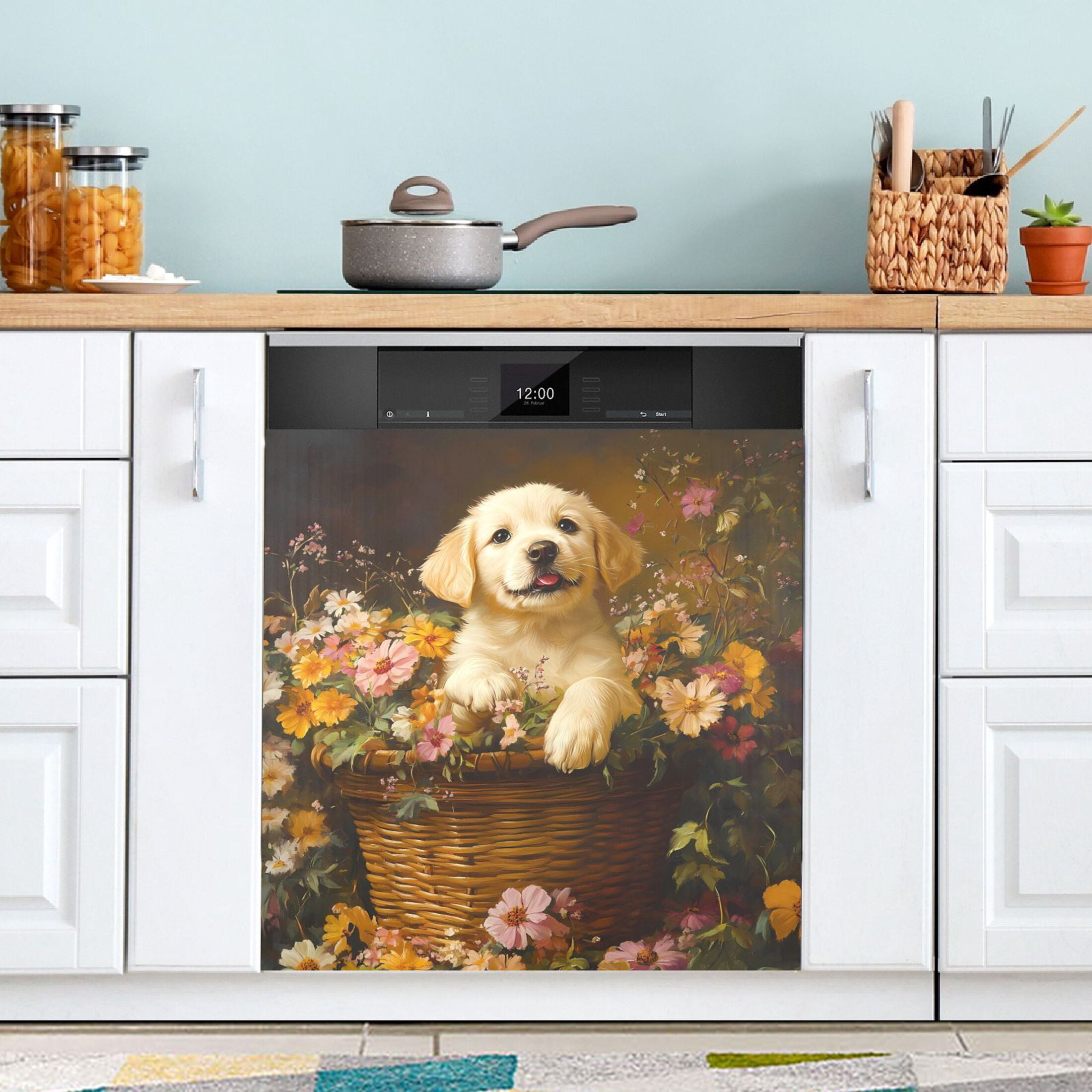 Golden Retriever Flower Basket Dishwasher Magnet Cover Reuseable Refrigerator Magnet Cover Decal Kitchen Fridge Microwave Stickers Hoilday Party Decor 23 x 26 inch