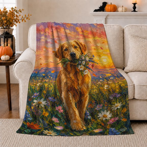 Golden Retriever with Flower Bouquet, Warm Impressionist Style for Dog Lovers, Sunset Meadow Pet Scene and Mother's Day Gift, Cozy Flannel Blanket for Bedroom and Reading Nook, Home Decor