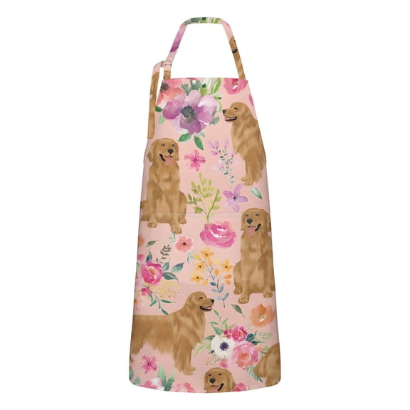 Golden Retriever with Flowers Apron-Garden Aprons for Women with Pockets-Cotton Linen Waterproof Kitchen Cooking Gardening Aprons Adjustable for Kitchen,Cooking,BBQ and Salon 33x27 Inch