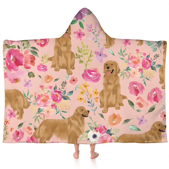 Golden Retriever with Flowers Hooded Bath Towel,60"x35" for Ages 3 To 12 Kids, Quick Dry Lightweight Soft Microfiber Hood Beach Towel Cover Up for Kids