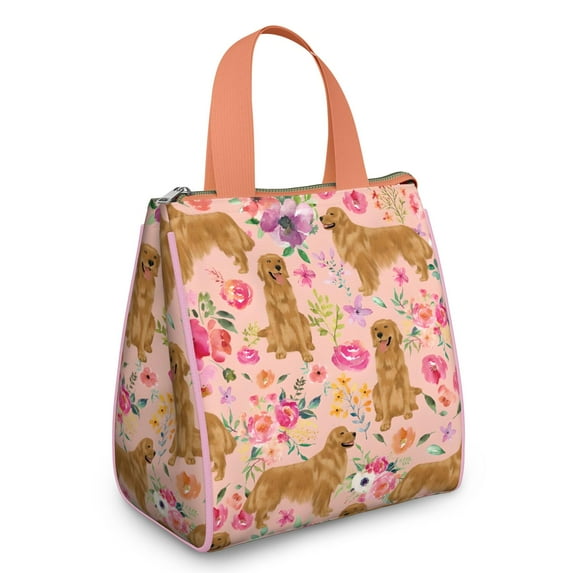 Golden Retriever with Flowers Insulated Lunch Bag for Women & Adults,Large Portable Soft Cooler Lunch Bag,Thermal Food Storage Tote with Pearl Cotton,8.66L,8.75x5.75x9.5 Inch