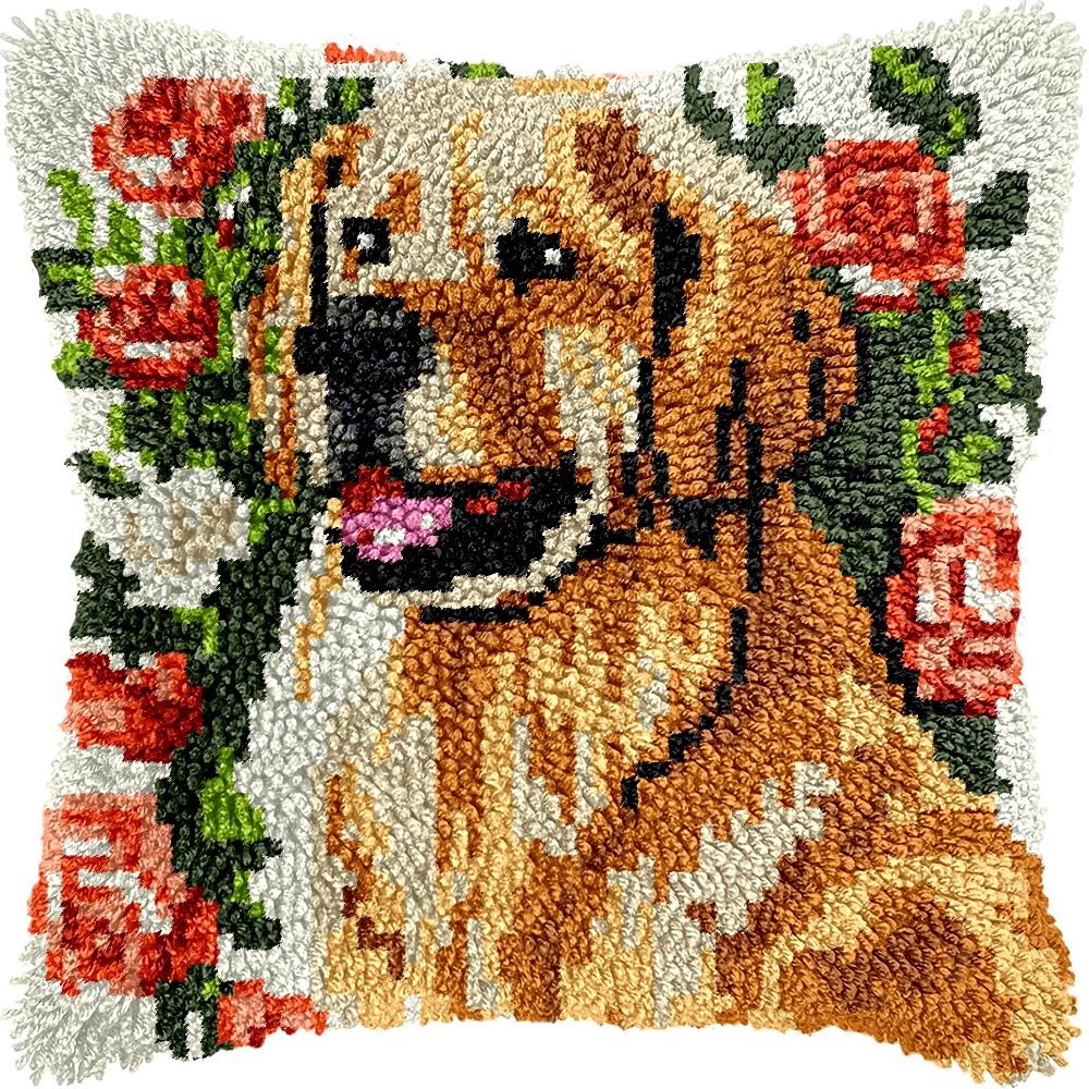 Golden Retriever & Flowers Latch Hook Kits Pillow kits Cushion Throw Pillow Embroidery Craft Kits DIY Kits of DIY Hooking Pillowcase Cover Supplier with Color Printed Canvas 43x43cm (251)