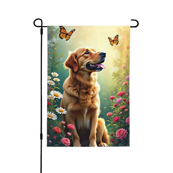 Golden Retriever Garden Flag 12x18 Inch Double Sided Welcome Spring Summer Floral Dog Garden Flag Outdoor Yard Lawn Decor Butterfly Flowers