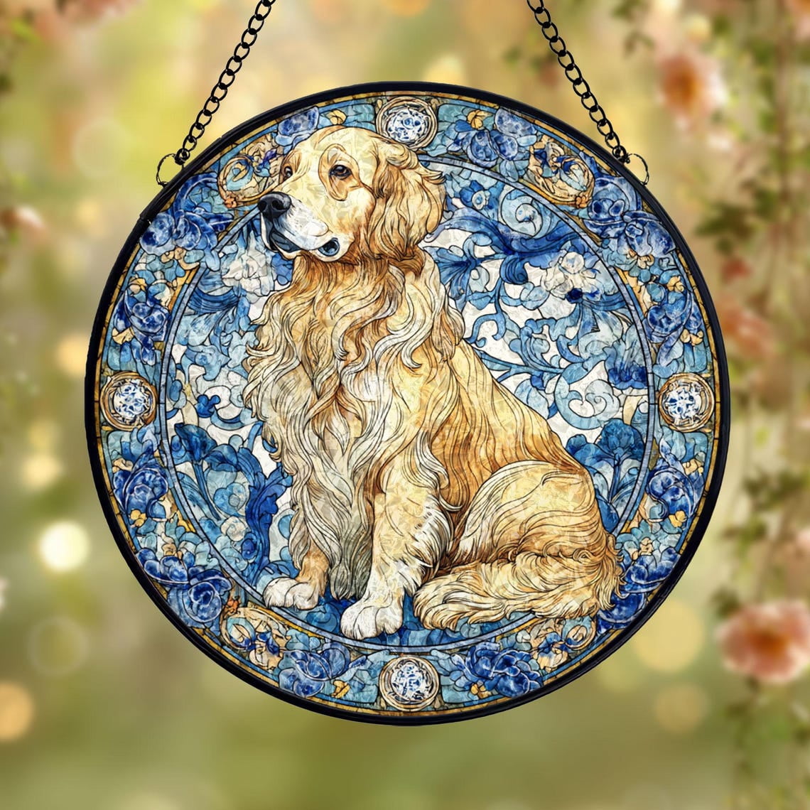 Golden Retriever Glass Suncatcher v6, Blue Floral Dog Window Art, Pet Memorial Animal, 3.5 in