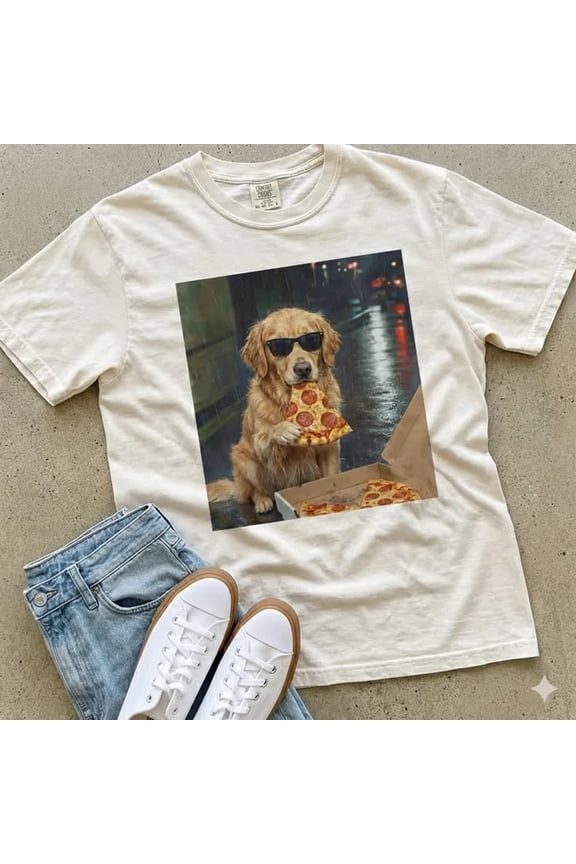 Golden Retriever Goldendoodle Pizza Graphic Shirt, Retro Dog Wearing Sunglasses Illustration Tee, Comfort Colors Unisex Cotton T-Shirt, Sizes S-3XL