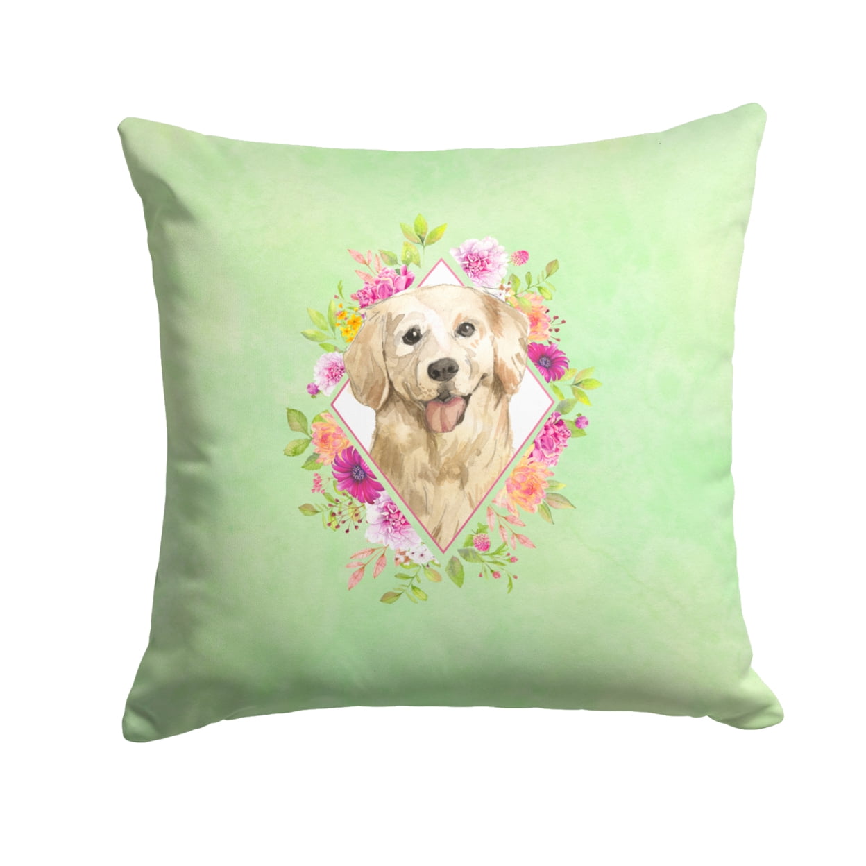 Golden Retriever Green Flowers Fabric Decorative Pillow