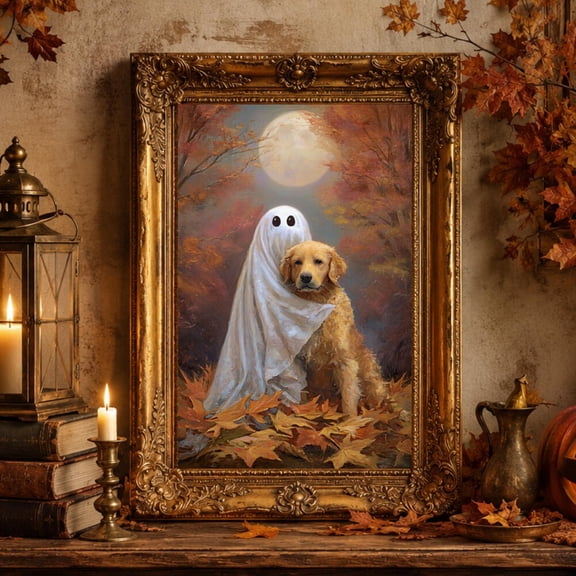 Golden Retriever Halloween Ghost Dog Whimsical Autumn Poster