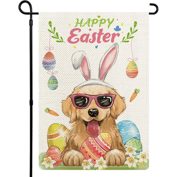 Golden Retriever Happy Easter Garden Flags for Outside,Easter Eggs Dog Garden Flag 12x18 Double Sided,Burlap Dog Holiday Welcome Spring Yard Flag for Patio Porch Farmhouse Decor
