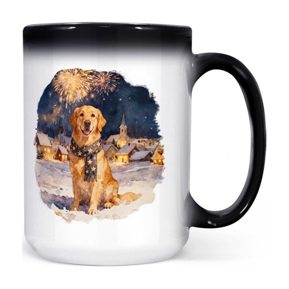Golden Retriever Happy New Year 2026 with Fireworks on New Year's Eve Heat Color Changing Mug Goldens Dog Lover Gifts Idea Magic Coffee Mug - 12022