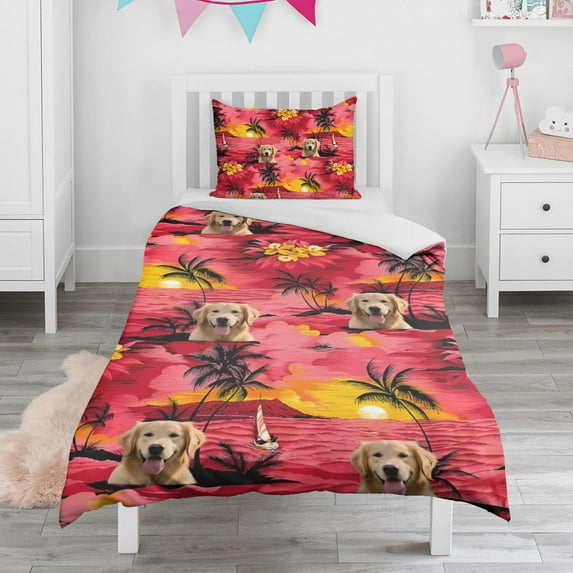 Golden Retriever Hawaiian Duvet Cover and Pillowcase Set for Single Bedding, Bedroom Accessories for Kids Teens
