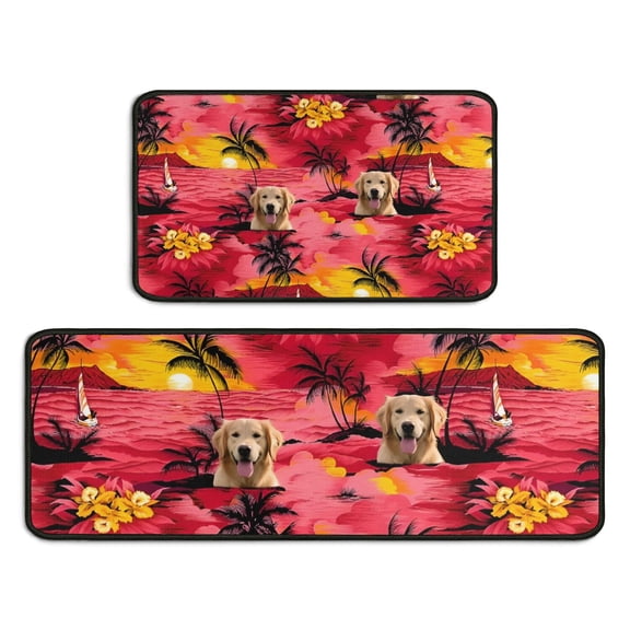 Golden Retriever Hawaiian Kitchen Rugs Sets Of 2,Anti Fatigue Kitchen Mat Rugs Non Slip Washable,Decorative Kitchen Floor Mats for Kitchen,Sink,Laundry,17"X30"+17"X47"