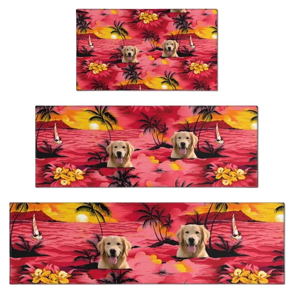 Golden Retriever Hawaiian Kitchen Rugs Sets Of 3,Kitchen Runner Rugs Non Skid Washable,Decorative Kitchen Floor Mats for Kitchen,Sink,Laundry,17"x30"+ 17"x47" + 17"x59"