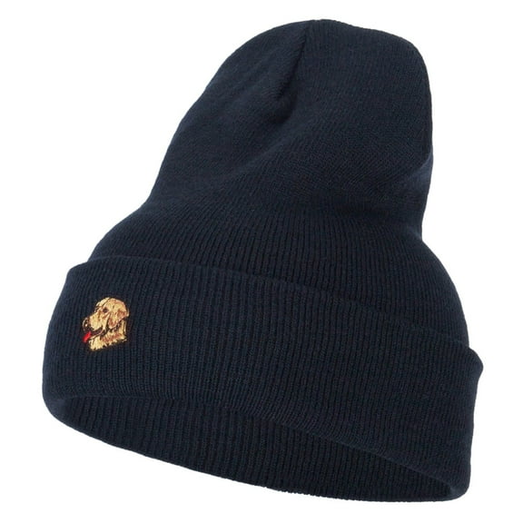 Golden Retriever Head Embroidered Long Knitted Beanie - Navy OSFM