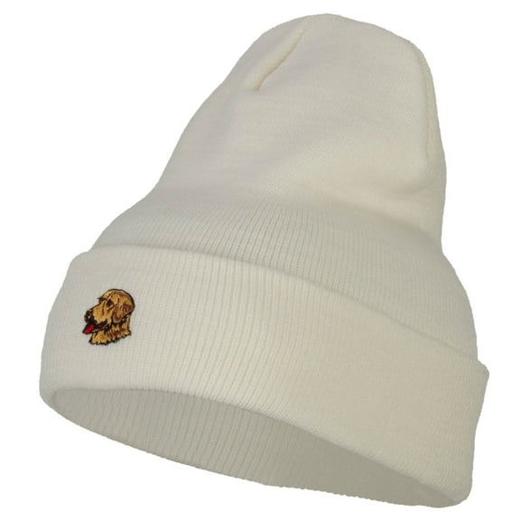 Golden Retriever Head Embroidered Long Knitted Beanie - White OSFM