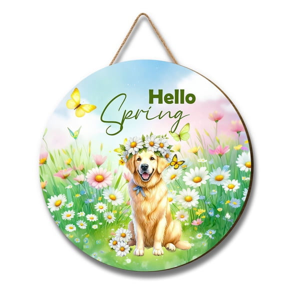 Golden Retriever Hello Spring Time Flower Floral Nature Round Wood Sign Goldens Dog Lover Gifts Idea Hanging Wall Home Decor - 02031