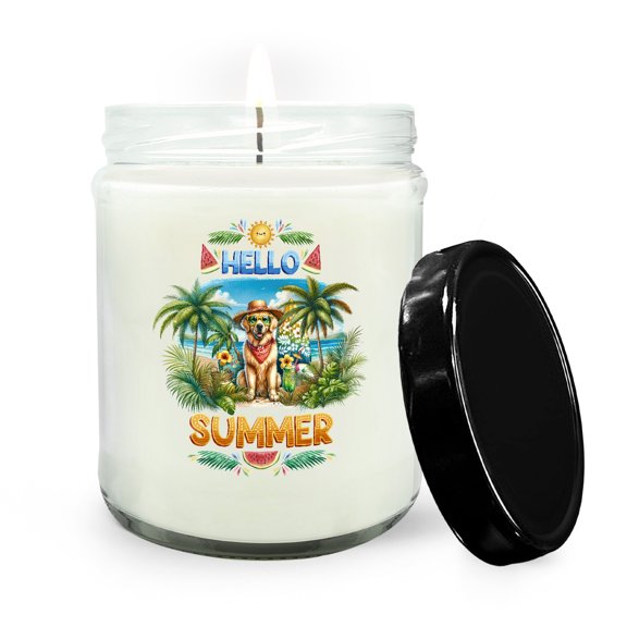 Golden Retriever Hello Summer with Sunglasses and Surfboard Tropical Vibes Soy Wax Candle Goldens Dog Lover Gifts Idea 16oz White Vanilla Candle - 00007