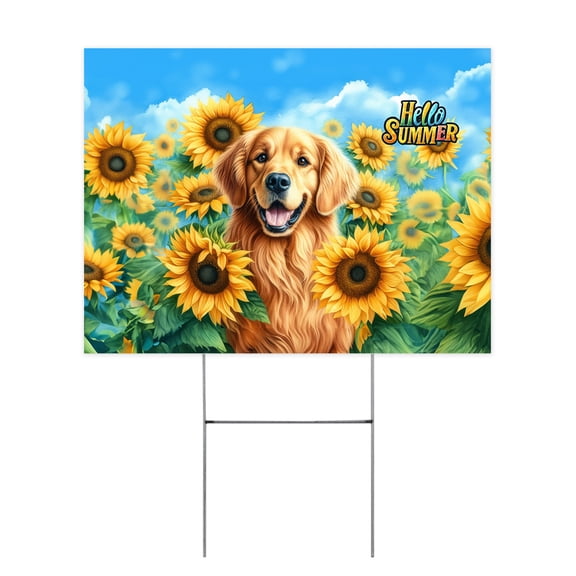 Golden Retriever Hello Summer Sunshine Sunflowers Spring Retro Vintage Yard Sign Goldens Dog Lover Gifts Idea Outdoor Home Lawn Garden Porch Decor - 00008