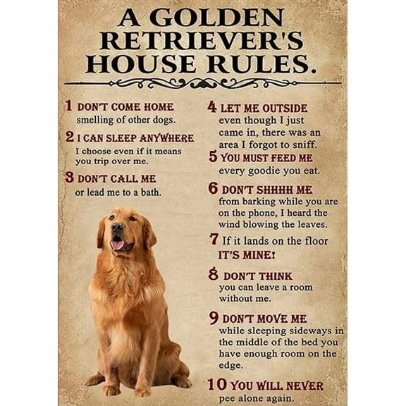 Golden Retriever House Rules poster Vintage Funny Dog Poster - Indoor/Outdoor Home Wall Decor Gift