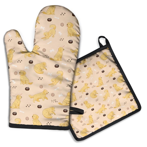 Golden Retriever Kitchen Oven Mitt and Pot Holder Sets 2 Pcs for Baking, Cooking and Grilling, Heat Resistant Up To 392 °F