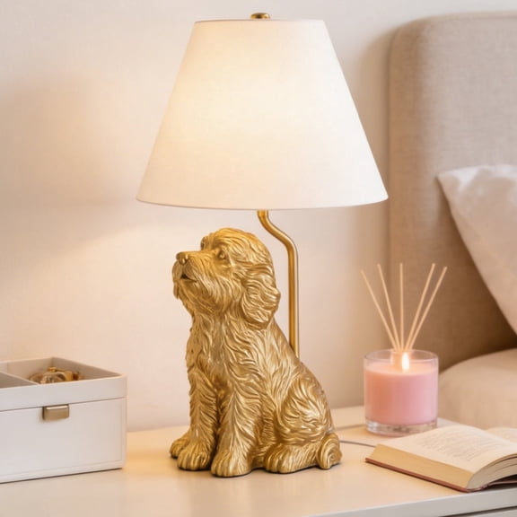 Golden Retriever Lamp Nightstand Decor Dog Lamps, Goldendoodle Cute Desk Lamp, Animal Stained Glass Puppy Lamp Night Light with Gold Finish and Tapered Linen Shade