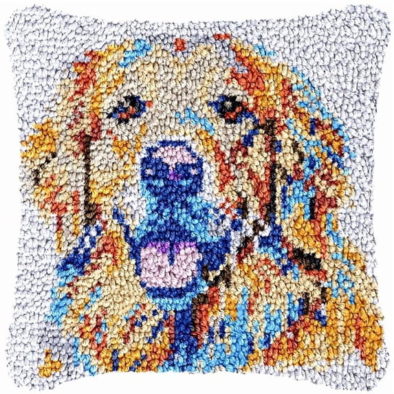 Golden Retriever Latch Hook Pillow Cover Kits for DIY Handmade Throw Pillow Cross Stitch Hooking Pillow Kits with Preprinted Color Pattern Canvas Crochet Yarn Kits 17''X 17''(yf179)
