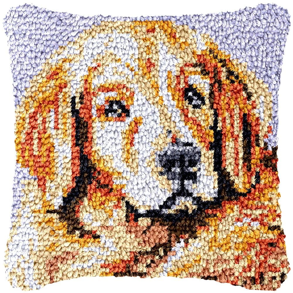 Golden Retriever Latch Hook Pillow Cover Kits for Needlework Cushion Throw Pillow Cross Stitch Crochet Hook Pillowcase Rug Kits Printed Canvas Crochet Yarn Kits Needlework 17'' X 17''
