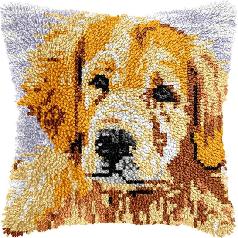 Golden Retriever Latch Hook Pillow Kits Cushion Pillowcase with Pattern Printed Canvas Sofa Hooking Pillows Crafts Embroidery Latch Hooking Crochet Kits 17x17 inch(127)