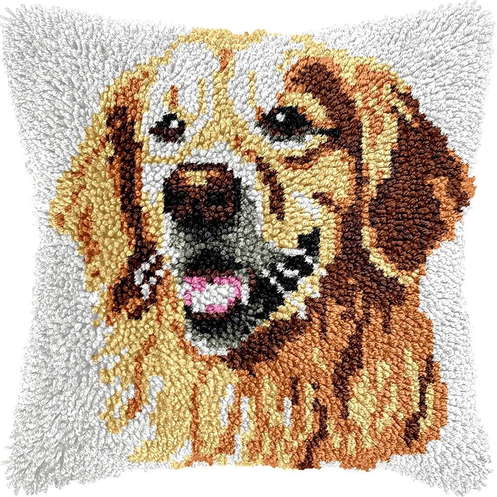Golden Retriever Latch Hook Pillow Kits for DIY Handmade Throw Pillow Cushion Embroidery Latch Hooking Pillowcase Kits with Preprinted Canvas Crochet Yarn Kits 17''X 17''(g60)