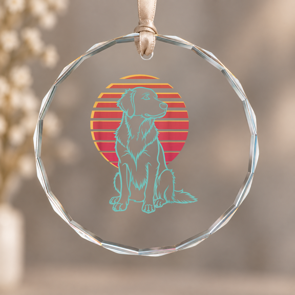 Golden Retriever Lover Dog Owner Retro Synthwave 80s Ornament, Indoor Decoration, Circle Glass Ornament