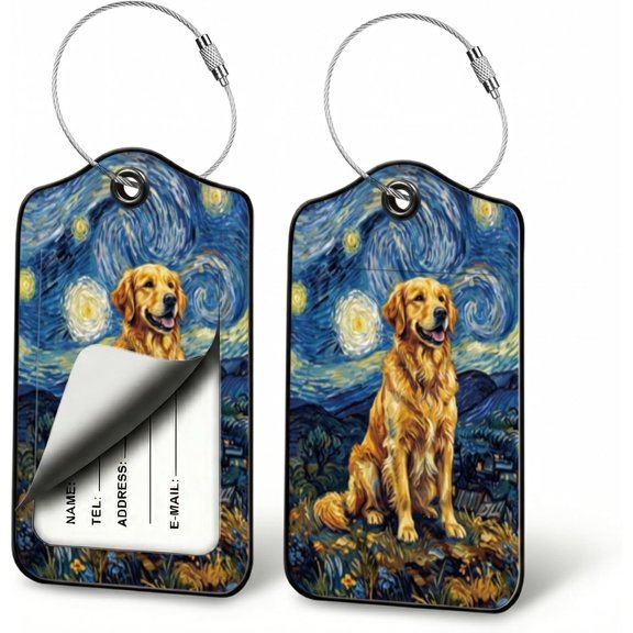 Golden Retriever Luggage Tags for Suitcases, 2 Pack PU Leather ID Tags | flap address card, steel wire loop fits bags, , camp duffels, lake stays and family vacations
