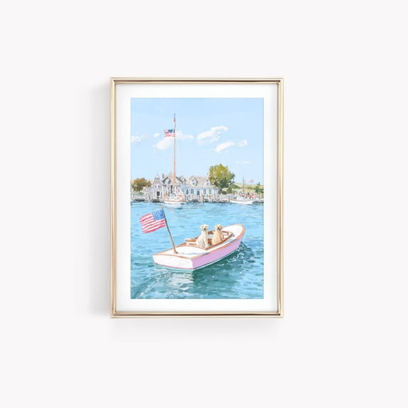 Nantucket Library Golden Retriever Nautical Poster, Nantucket Summer, American, Coastal ...