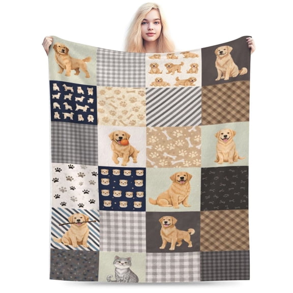 Golden Retriever Patchwork Blanket Paw Print Pet Pattern Dog Lover Home Decor Soft Cozy Fleece Throw Blanket 50x40