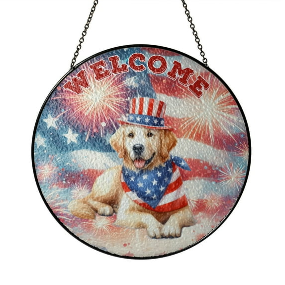 Golden Retriever Patriotic Welcome for 4Th of July Independence Day Stained Glass Suncatcher Goldens Dog Lover Gifts Idea Window Hanging Sign Decor - 00010