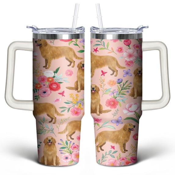 Golden Retriever Pink Flowers 30 Oz Tumbler with Handle Lid and Straw, Stainless Steel Double Walled Vacuum Insulated Cup, Cute Birthday Gifts Tumbler for Women Men Friends