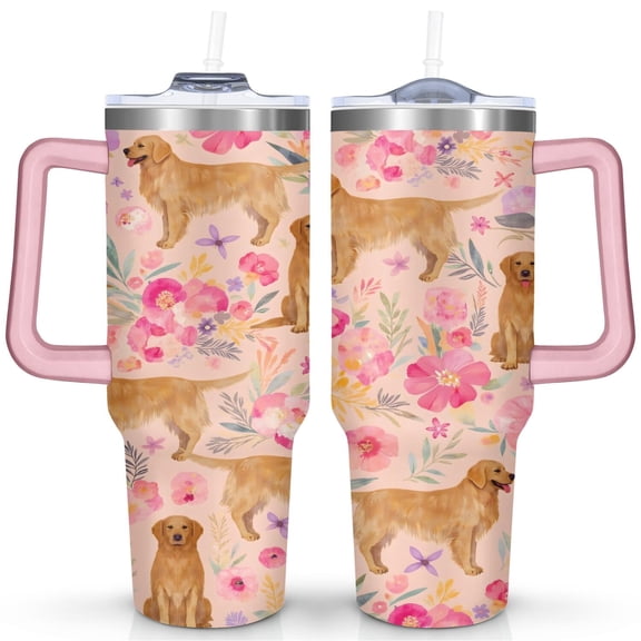 Golden Retriever Pink Flowers 40 Oz Tumbler with Handle Lid and Straw, Stainless Steel Double Walled Vacuum Insulated Cup, Cute Birthday Gifts Tumbler for Women Men Friends