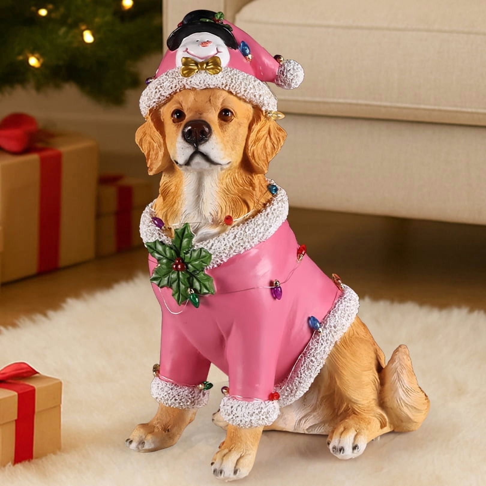 Golden Retriever Pink Santa Outfit Christmas Dog Statue with Santa Hat Holiday Tabletop Decor