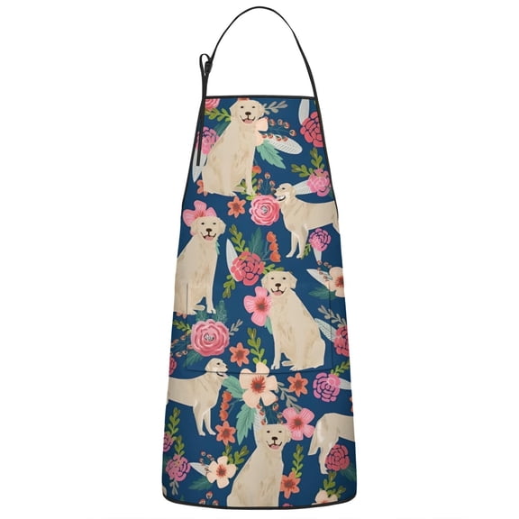 Golden Retriever and Pioneer Flower Apron-Garden Aprons for Women with Pockets-Cotton Linen Waterproof Kitchen Cooking Gardening Aprons Adjustable for Kitchen,Cooking,BBQ and Salon 33x27 Inch